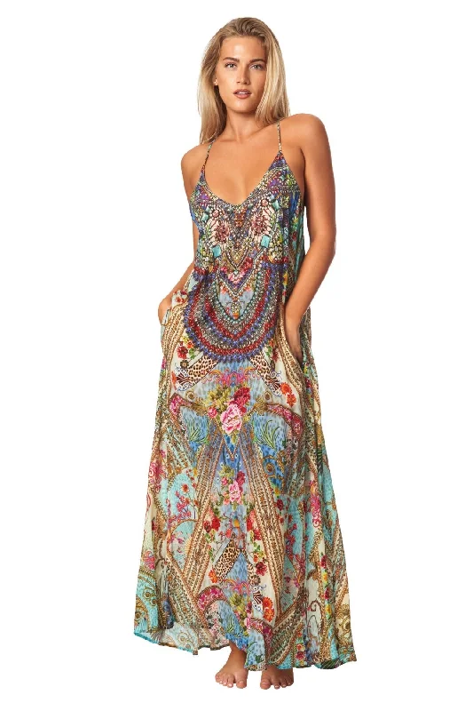 Women's Seasonal Clothes Hot Picks Queens Garden Bohemian T-back Maxi Dress with Front Pockets