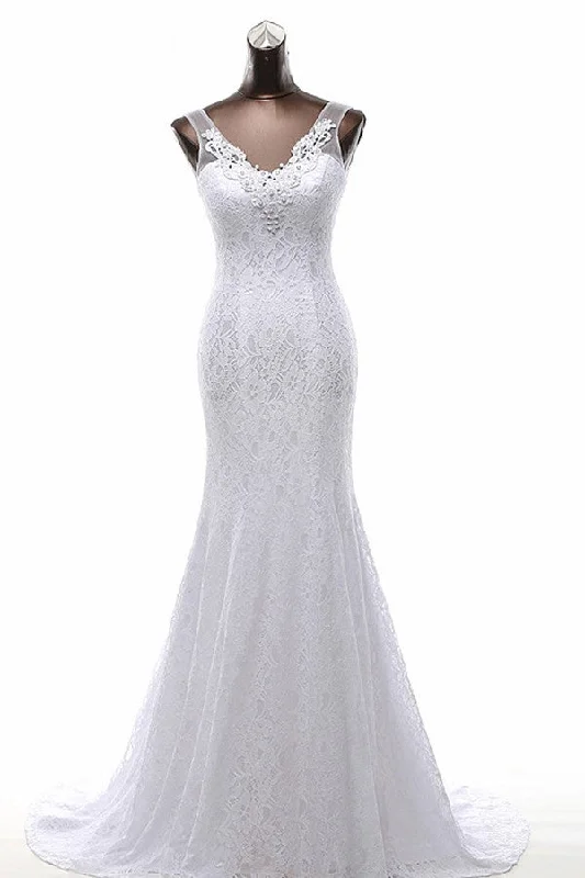 Women's Stylish Casual Garments First Order Discount Mermaid V-Neck Beaded Sweep Train Lace Wedding Dresses