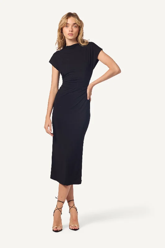 Women's Clothes For Work Events Trend Alert MESA SANDWASHED SLOUCHY MOCK NECK MIDI DRESS | BLACK