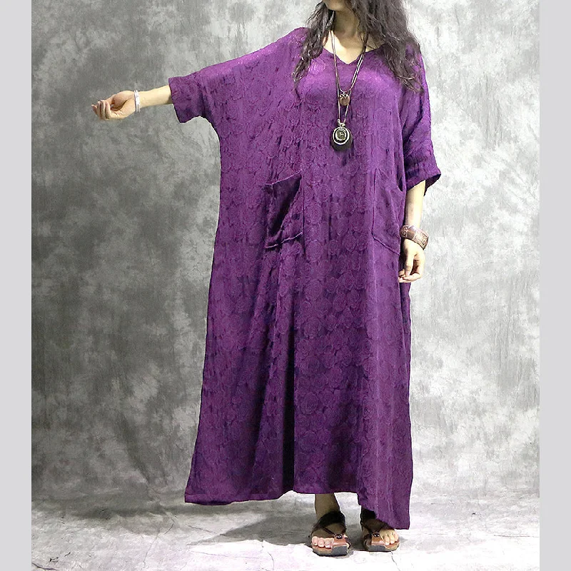 Women's Professional Garments Latest Trends baggy purple linen dresses casual v neck baggy gown boutique pockets Jacquard autumn dress