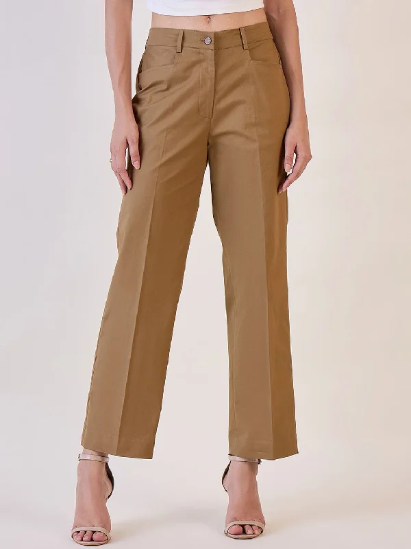 Women's Outerwear Garments Celebrate With Big Savings Brown Straight Fit Mid Waist Trouser