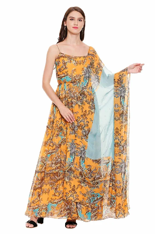 Women's Stylish Vacation Attire Mother'S Day Special Yellow Printed Maxi Dress with Dupatta