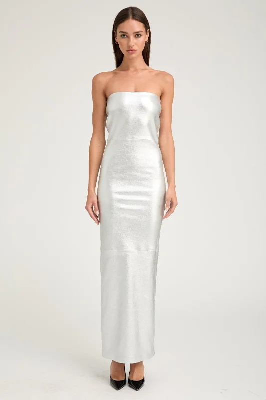 Women's Evening Garments Exclusive Sale Metallic Silver Leather Gown