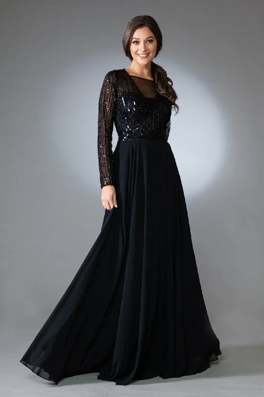 Women's Clothing For Everyday Wear Romantic Detailing Embellished Long Sleeve Chiffon Gown by Amelia Couture 7036