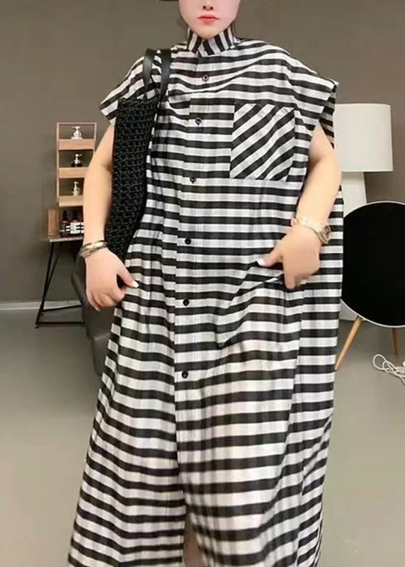 Women's Casual Apparel Unleash Your Style Casual Black Striped Stand Collar Button Maxi Dress Short Sleeve