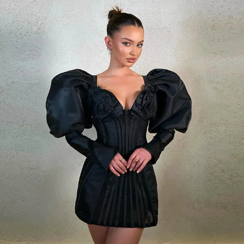 Women's Sports Apparel Evening Looks Fashion Black 3D Flower Boning Mini Maxi Dresses Fot Women Puff Sleeves New Stylished Short Cocktail Dresses