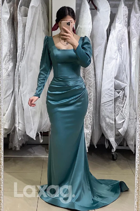 Women's Active Outfit For Fitness Gorgeous Glamour Collection 14746 - Scoop Neck Long Sleeves Pleated Prom Gown