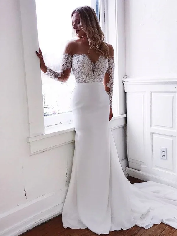 Women's Comfortable Garments Hot Picks Round Neck Mermaid Lace Top White Long Prom Wedding Dresses with Train, Mermaid White Lace Formal Dresses, Mermaid White Evening Dresses