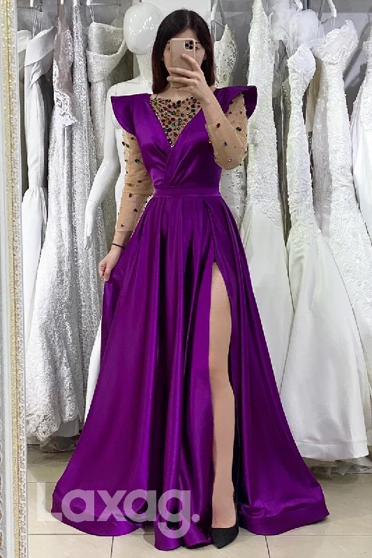 Women's Chic Outerwear Outfit Cutting Edge Fashion 14749 - Diamond Illusion V-Neck Long Sleeves Prom Gown with Slit