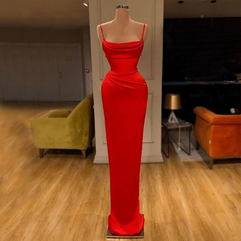 Women's Weekend Outfit Best Sellers Red Mermaid Tight Spaghetti Straps Satin Simple Modest Prom Dresses PD2086