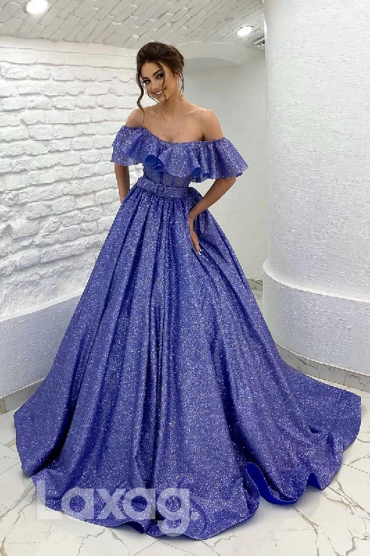 Women's Travel Attire Weekend Exclusive 18792 - Off Shoulder Ball Gown Belt Long Prom Dresses Glitter