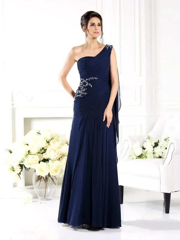 Women's Evening Wear Attire Flowing Silhouette Sheath/Column One-Shoulder Sleeveless Long Chiffon Mother of the Bride Dresses