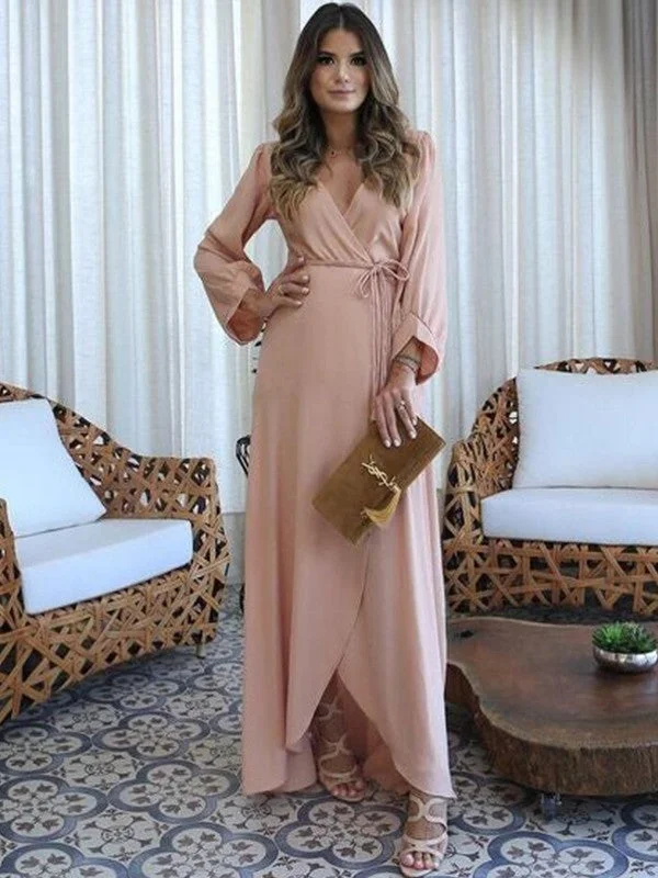 Charming Women's Holiday Apparel Feminine Soft - Hued Styles A-Line/Princess Silk like Satin Ruched V-neck Long Sleeves Floor-Length Mother of the Bride Dresses