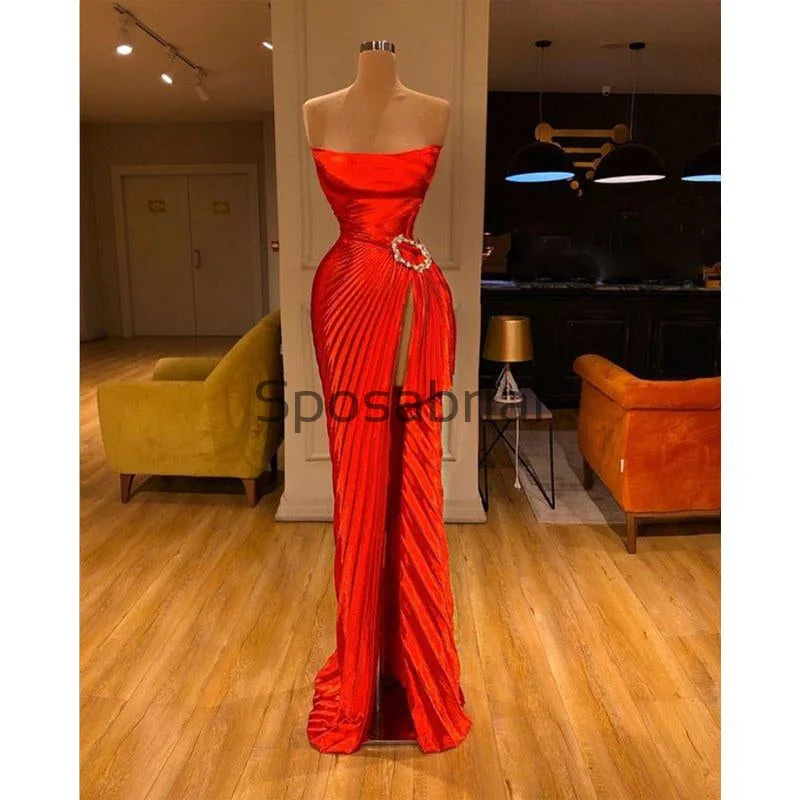 Women's Vacation Attire The Latest Fashion Trends Red Cheap Side Slit Satin Simple Modest Prom Dresses PD2082