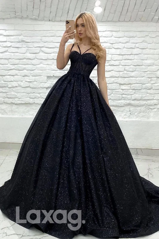 Women's Trendy Attire Fresh Styles, Fresh Deals 19715 - Women's Spaghetti Straps Black Long Prom Ball Gown Glitter