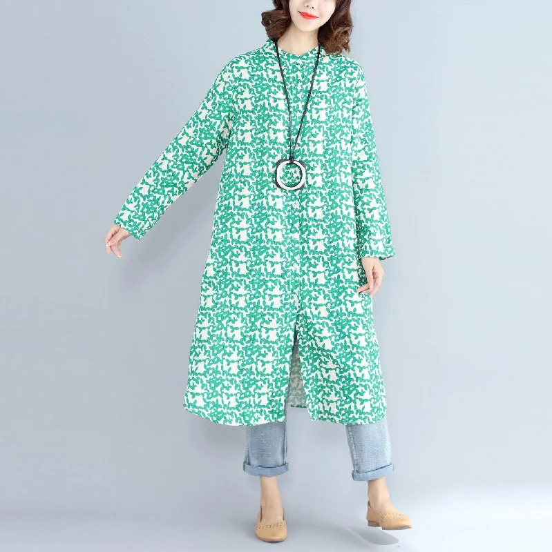 Women's High-Fashion Garments Casual Chic 2018green print long cotton linen dresses plus size clothing Stand cotton linen gown casual long sleeve side open baggy dresses