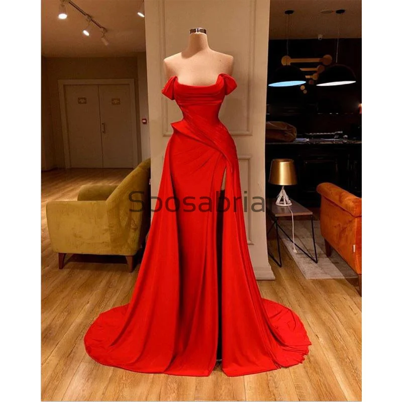 Chic Women's Attire Chic And Edgy Red Mermaid Tight Side Slit Satin Simple Modest Prom Dresses PD2084