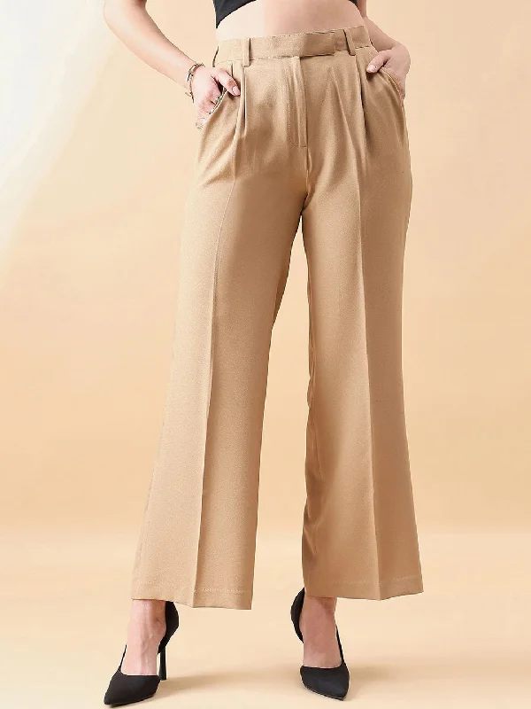 Women's Effortless Casual Outfit Feminine Soft - Hued Look High Waist Straight Trouser - Beige