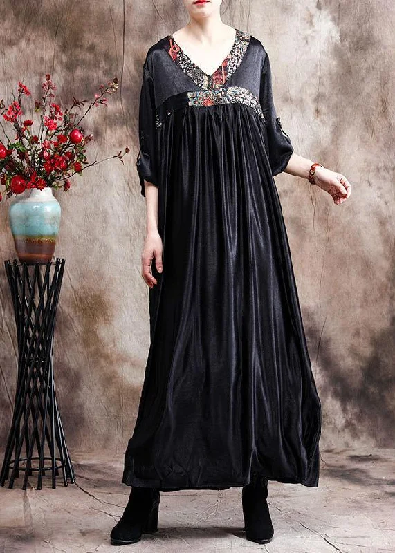 Modern Women's Attire Wardrobe Essentials Natural Black Oversize Caftans Gown V Neck Patchwork Baggy Dress