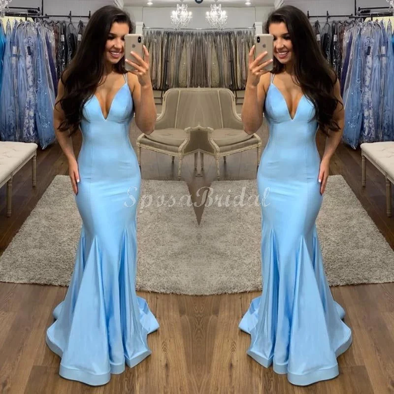 Women's Work Outfit For The Office Big Discounts Spaghetti Straps Blue Mermaid Satin Long Simple Fshion Prom Dresses PD1416