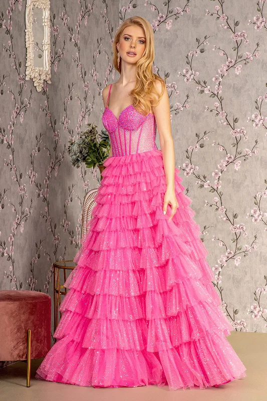 Women's Holiday Outfit Soft Textures Beaded Sheer Corset Tiered Ruffled Gown by GLS Gloria GL3463