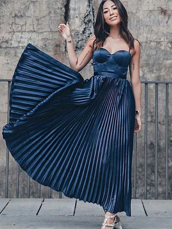 Women's Outdoor Attire Exclusive Designer Collection A-Line Sweetheart Spaghetti Straps Pleated Navy Blue Satin Prom Party Dresses, PD0950