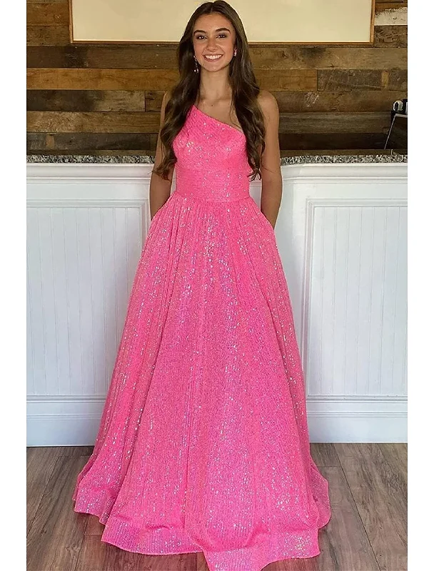 Women's Elegant Clothing Sets Stylish Statements A-Line Prom Dresses Sparkle & Shine Dress Formal Floor Length Sleeveless One Shoulder Sequined Backless with Pleats Sequin