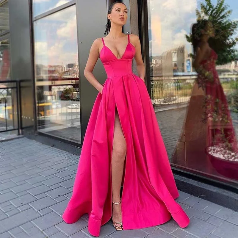 Women's Elegant Evening Outfit Season Offer Cheap Satin Long A-Line V-Neck Strap Spaghetti Side Slit Prom Dresses, PD1700