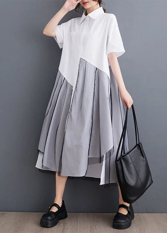 Women's Seasonal Apparel Trendsetter's Closet Women White Asymmetrical Tulle Patchwork Maxi Dress Short Sleeve