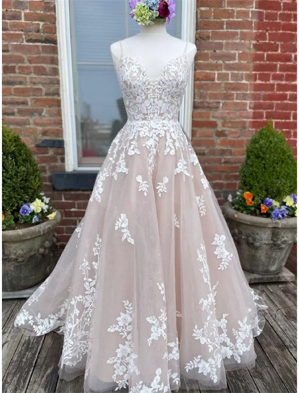 Women's Apparel And Garments Spring Wardrobe Engagement Wedding Dresses in Color Formal Wedding Dresses Chapel Train A-Line Sleeveless Strap Lace With Buttons Appliques