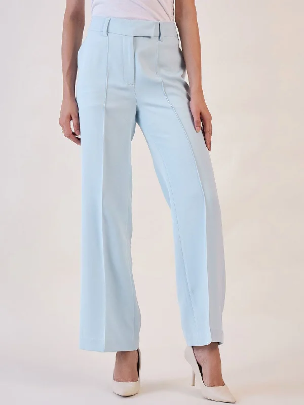 Women's Holiday Attire Mid - Week Surprise Light Blue Mid Waist Straight Fit Trouser