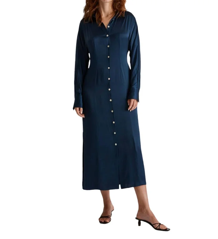 Modern Women's Clothes Seasonal Fashion Satin Button-Front Midi Shirtdress In Navy