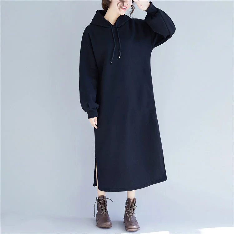 Vintage-Inspired Garments Stylish Looks New black spring dress plus size gown hooded side open drawstring cotton clothing dress