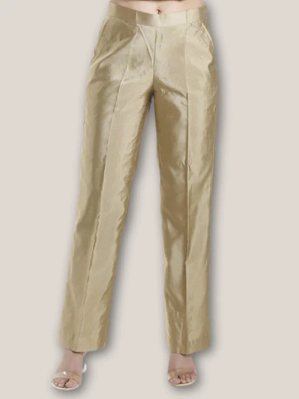Women's Comfy Loungewear Outfit Charming Silhouette Silk Comfort fit Mid Waist Trouser - Golden Beige