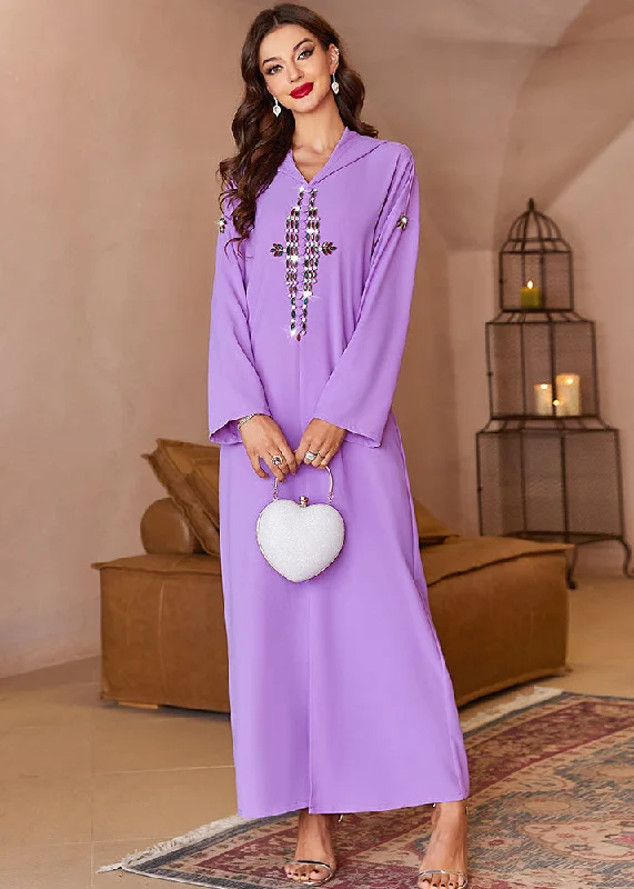 Comfortable Women's Clothes Clearance Event Handmade Purple Zircon Hooded Chiffon Maxi Dresses Fall