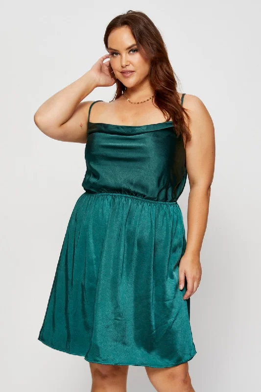 Women's Loungewear Clothes Fashion-Forward Green Mini Satin Dress Cowl Neck Sleeveless