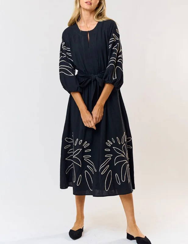 Women's Travel Apparel Quality Wear Lucia Embroidered Black Midi Dress