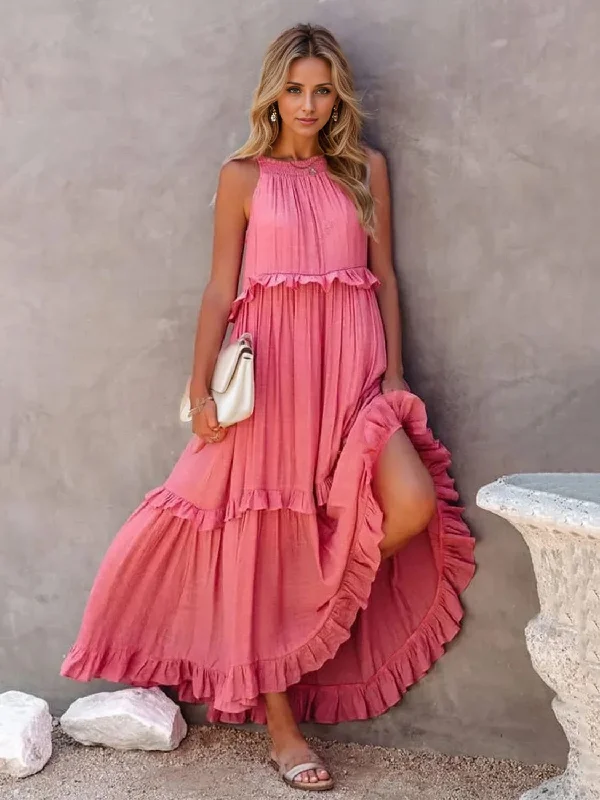 Women's Clothing And Garments Sets Budget-Friendly Fashion Ruffled Sleeveless Tiered Maxi Dress with Pockets