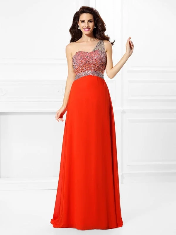 Women's High-Fashion Attire Luxury Style A-Line/Princess One-Shoulder Beading Sleeveless Long Chiffon Dresses