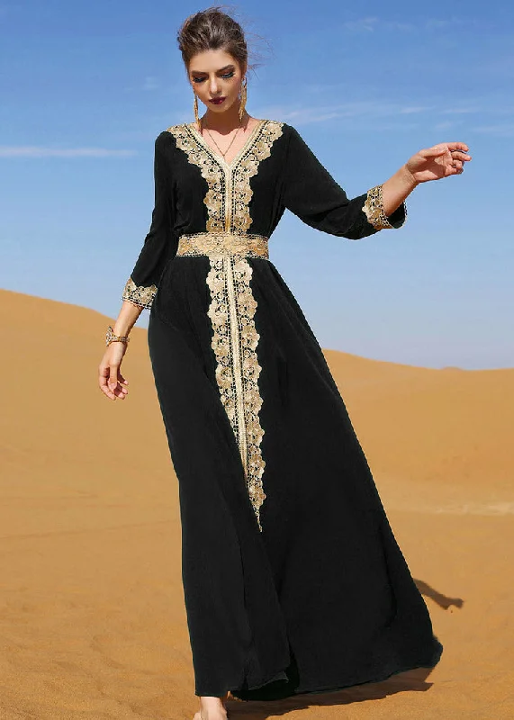 Women's Holiday Clothes Seasonal Fashion Slim Fit Black V Neck Lace Patchwork Party Maxi Dress Long Sleeve