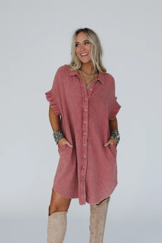 End Of Season Sale The Nest Heavenly Days Button Up Dress - Brick