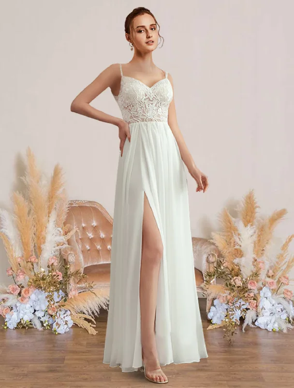 Women's Workout Garments Fashion For Every Occasion Beach Wedding Dresses Floor Length Sleeveless Strap V Neck Chiffon With Pleats Appliques