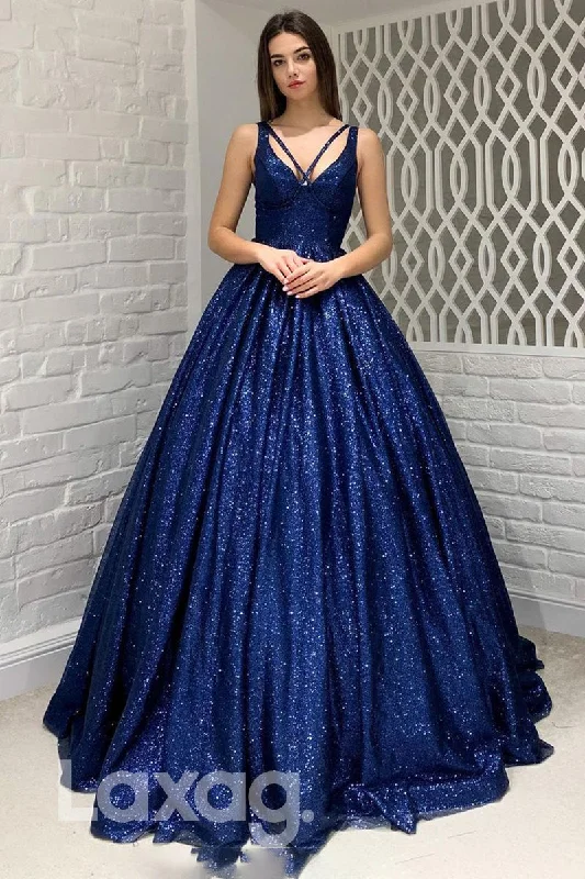 Women's Seasonal Attire End-Of-Season Clearance 18794 - Sexy V-Neck Ball Gown Sparkly Prom Dresses with Pockets