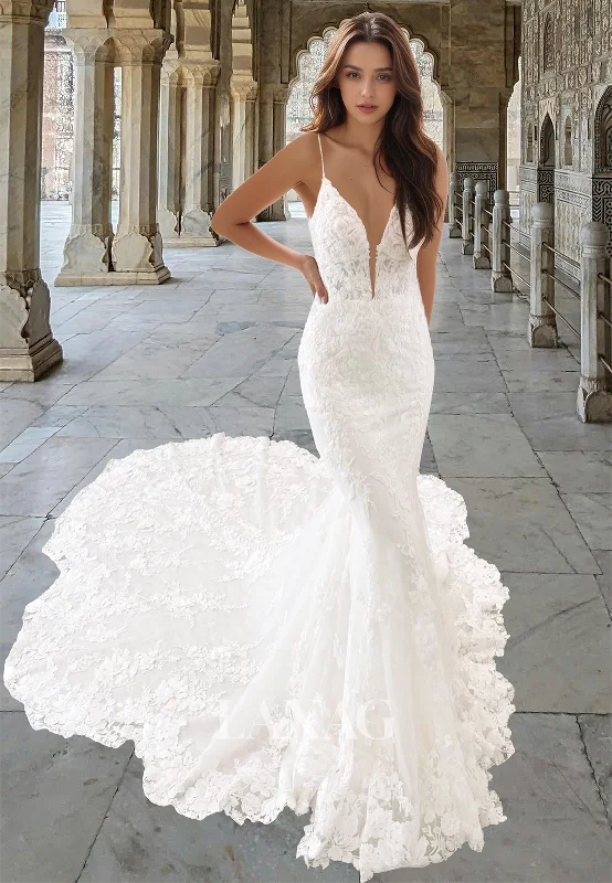 Women's Trendy Garments Great Prices On Feminine Styles Deep V-Neck Spaghetti Straps Mermaid Wedding Dress Allover Lace Applique Bride Gowns with High Slit