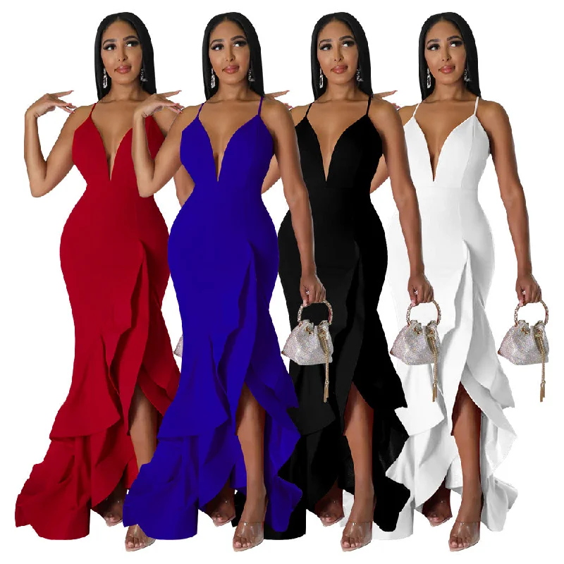 Sustainable Women's Apparel Flash Sale Fever K10234 summer 2023 sexy V-Neck Ruffle sling Dress solid Irregular hem prom elegant party backless maxi dress