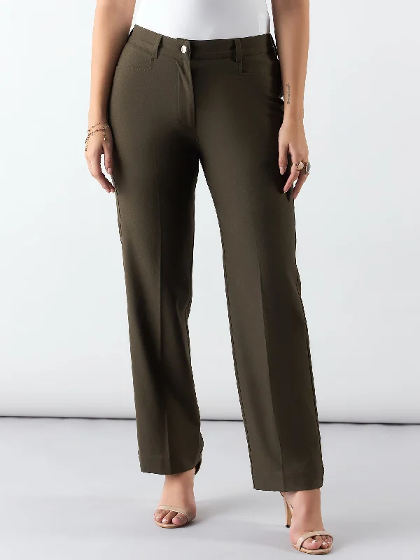 Affordable Women's Attire Final Clearance Olive Regular Fit Mid Waist Trouser In 4-Way Stretch Fabric