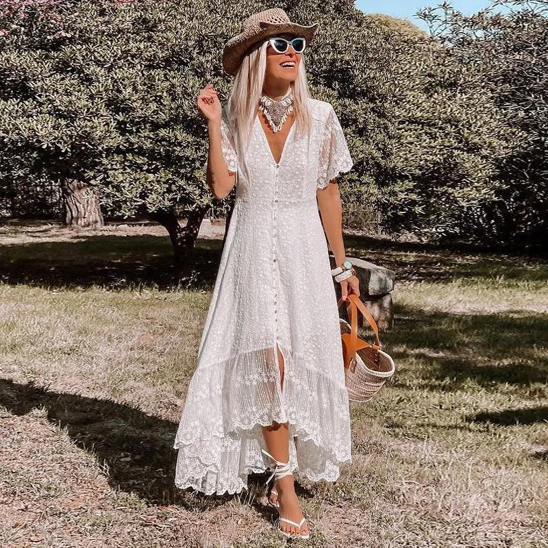 Timeless Women's Garments Hot Styles Women's  V-Neck Lace Maxi Dress