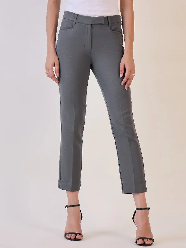 Women's Luxury Garments Elegant Style Grey Slim Fit Mid Waist Trouser