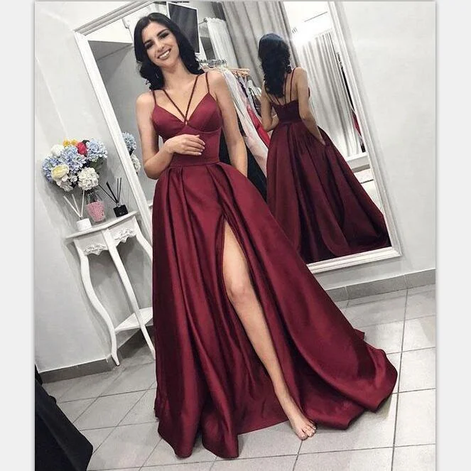 Women's Office Outfit Clearance Sale, All Cheap Elegant A-line Burgundy Simple Cheap Satin Prom Dresses, evening dresses, PD0996