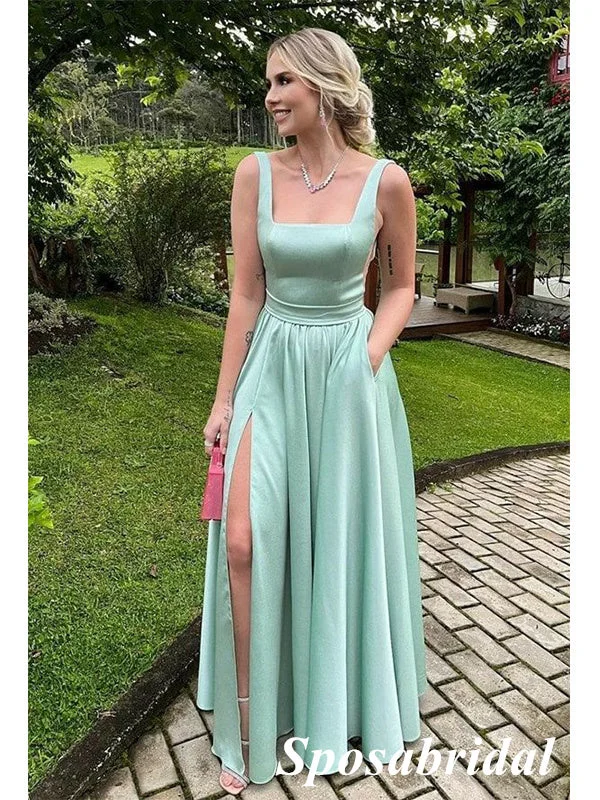 Women's Elegant Outfit Hot Picks A Line Soft Satin Spaghetti Straps Split Long Prom Dress Formal Party Dress, PD3985